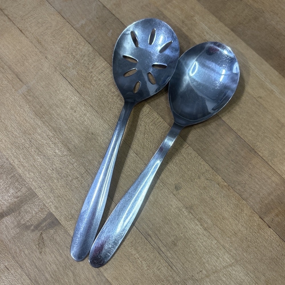 Imperial Stainless Steel Serving Spoon & Slotted Spoon Flower Pattern Lot 2